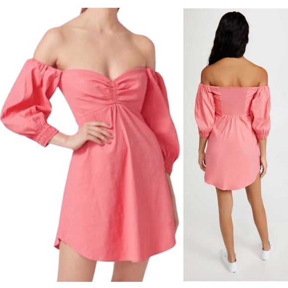 ALC Linen Off Shoulder Puff Sleeve Ruched Sweetheart Neck Smocked Babydoll Dress - Picture 3 of 10